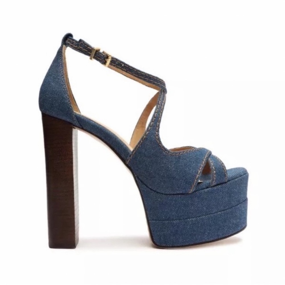 New! Schutz Latifah Denim Platform Block Heel Sandals in Blue